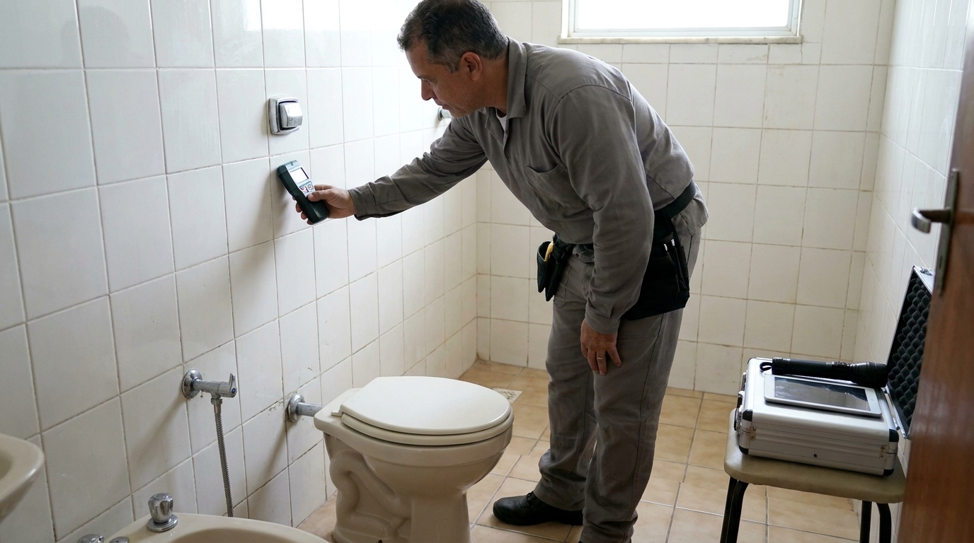 Técnico de caça vazamento analisando tubulação em Campo Grande‑MS