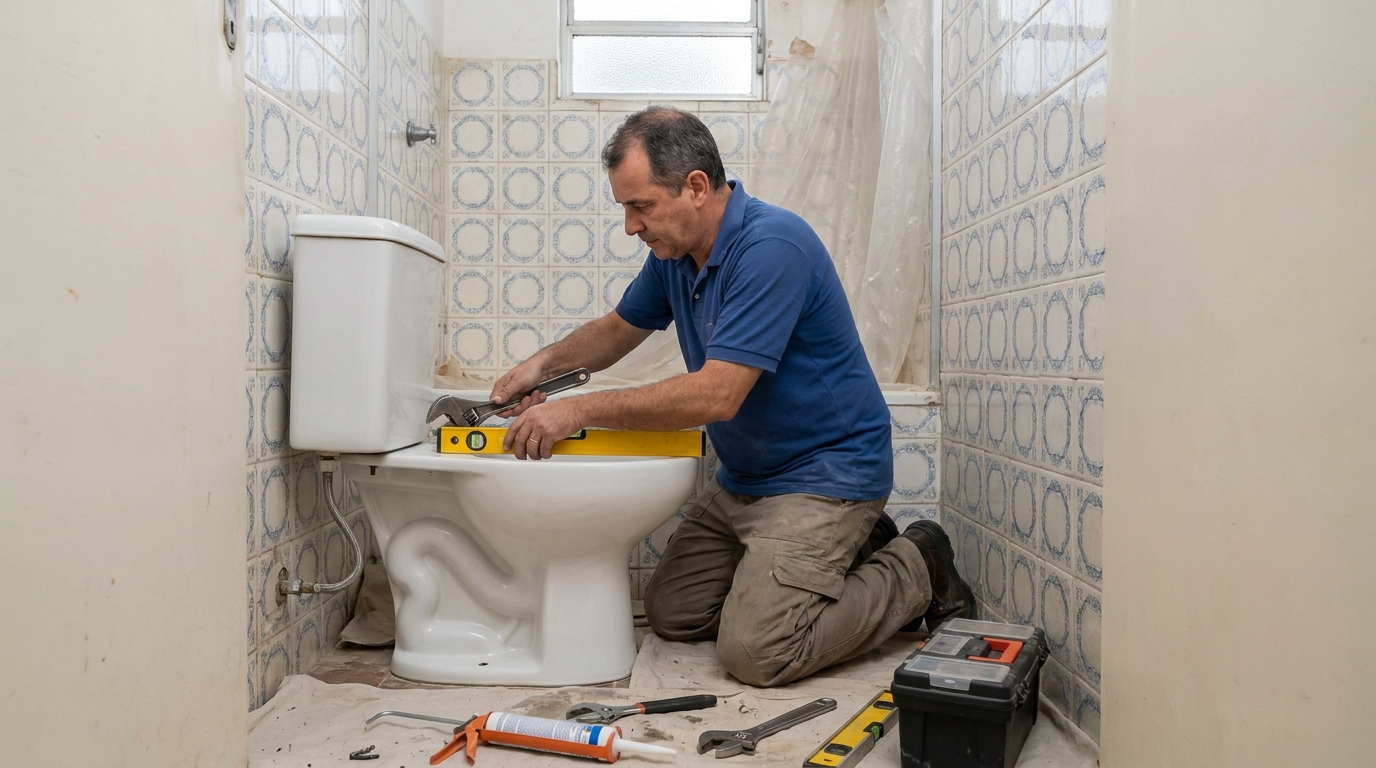 Técnico instalando vaso sanitário em Campo Grande‑MS